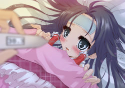Rule 34 | 1girl, alternate costume, bed, bed sheet, black eyes, black hair, blue eyes, blurry, blush, cold pack, contemporary, depth of field, digital thermometer, fever, fingernails, hakurei reimu, lying, male hand, on back, short hair, sick, solo, sparkle, tamo (tamokuteki kuukan), tears, thermometer, touhou, towel, towel on head, under covers