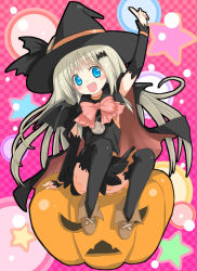 Rule 34 | 1girl, arm warmers, bat wings, blue eyes, blush, bow, cape, fang, flat chest, halloween, hat, hinata nonoka, jack-o&#039;-lantern, little busters!, long hair, nonoka, noumi kudryavka, pink bow, pumpkin, silver hair, skirt, solo, thighhighs, wings, witch, witch hat