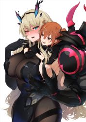 Rule 34 | 2girls, ahoge, ao (aocooler), armor, bare shoulders, black dress, black gloves, black jacket, blonde hair, blue eyes, blush, breasts, brown legwear, dress, elbow gloves, barghest (fate), barghest (second ascension) (fate), fate/grand order, fate (series), fujimaru ritsuka (female), fujimaru ritsuka (female) (polar chaldea uniform), gauntlets, gloves, hair ornament, hair scrunchie, heterochromia, highres, horns, hug, hug from behind, jacket, large breasts, long hair, looking at viewer, medium breasts, multiple girls, one side up, open mouth, orange eyes, orange hair, pantyhose, pauldrons, pelvic curtain, polar chaldea uniform, red eyes, scrunchie, short hair, shoulder armor, sideboob, single gauntlet, single pauldron, size difference, smile, thighs