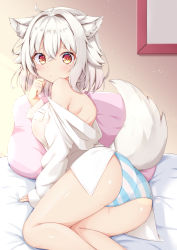 Rule 34 | 1girl, ahoge, alternate costume, animal ears, ass, bare shoulders, blue panties, breasts, indoors, inubashiri momiji, large breasts, long sleeves, looking at viewer, medium hair, no pants, off shoulder, on bed, panties, pillow, red eyes, rururiaru, solo, striped clothes, striped panties, sweater, tail, touhou, underwear, white hair, white sweater, wolf ears, wolf tail