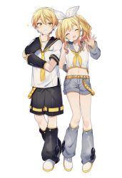 Rule 34 | 1boy, 1girl, arm behind back, belt, black legwear, black shorts, blonde hair, blush, bow, brother and sister, closed eyes, collarbone, commentary, detached sleeves, full body, grey legwear, grey shorts, grey sleeves, hair between eyes, hair bow, hand on own chin, headset, kagamine len, kagamine rin, leg warmers, long hair, looking at viewer, navel, necktie, open mouth, orange belt, sailor collar, shimada71 72, shirt, short hair, shorts, siblings, simple background, sparkle, standing, symbol-only commentary, trait connection, twintails, vocaloid, waving, white background, white bow, white shirt, yellow eyes, yellow neckwear