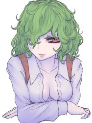 Rule 34 | 1girl, breasts, cleavage, collarbone, colored eyelashes, commentary request, crossed arms, green hair, hair over one eye, kazami yuuka, leaning forward, long sleeves, looking at viewer, medium breasts, messy hair, miata (miata8674), one-hour drawing challenge, parted lips, pink lips, plaid, plaid vest, red eyes, red vest, shirt, short hair, simple background, smile, solo, touhou, upper body, vest, white background, white shirt, wing collar