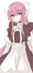 Rule 34 | 1girl, apron, blush, borrowed character, bow, brown dress, brown eyes, closed mouth, dress, hair between eyes, hair ribbon, heart, highres, kinona, long hair, original, pink hair, ponytail, puffy sleeves, ribbon, shirt, simple background, sketch, sleeveless, sleeveless dress, smile, solo, translation request, very long hair, waist apron, white apron, white background, white bow, white ribbon, white shirt, yana (chihuri)