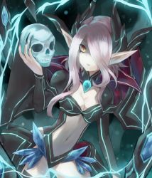 Rule 34 | 10s, 1girl, black nails, cardfight!! vanguard, elf, hair over one eye, holding, holding skull, long hair, looking at viewer, midriff, moe (hamhamham), nail polish, navel, pointy ears, shadow paladin, skull, skull witch nemain, solo, standing, white hair, witch, yellow eyes