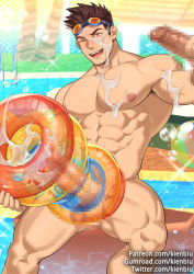 Rule 34 | 2boys, abs, bara, blush, brown eyes, brown hair, censored, completely nude, cum, cum on body, cum on male, cum on pectorals, erection, feet out of frame, goggles, goggles on head, gyee, handjob, innertube, kienbiu, large pectorals, lee (gyee), male focus, mosaic censoring, multiple boys, muscular, muscular male, navel, navel hair, nipples, nude, paid reward available, pectorals, penis, short hair, swim ring, tenga, thick thighs, thighs, watermark, web address, yaoi