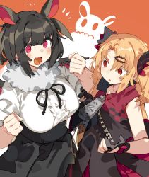 Rule 34 | 2girls, :d, akatsuki uni, animal ears, bat ears, bat wings, black dress, black gloves, black hair, black jacket, black ribbon, black skirt, breasts, brown background, center frills, character request, clenched hands, commentary request, dress, frills, fur collar, gloves, hair between eyes, hair ornament, hairclip, jacket, karei, light brown hair, long hair, medium breasts, multiple girls, neck ribbon, open mouth, parted bangs, parted lips, partially fingerless gloves, pleated skirt, puffy short sleeves, puffy sleeves, red eyes, red wings, ribbon, shirt, short sleeves, skirt, smile, uni create, very long hair, virtual youtuber, white shirt, wings, zipper pull tab