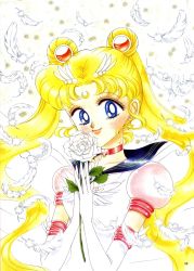 Rule 34 | 1990s (style), 1girl, bishoujo senshi sailor moon, bishoujo senshi sailor moon sailor stars, blonde hair, blue eyes, blush, crescent, double bun, eternal sailor moon, feathers, flower, gloves, hands on own chest, highres, lips, long hair, magical girl, rose, sailor, sailor moon, smile, solo, tsukino usagi, twintails, white flower, white rose, wings