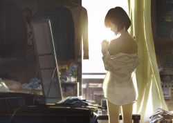 Rule 34 | 1girl, artist name, backlighting, bedroom, black hair, bra, clothes pull, collared shirt, curtains, day, dress shirt, highres, indoors, long sleeves, looking at viewer, looking back, loundraw, messy, messy room, mirror, original, panties, profile, see-through, shirt, shirt pull, signature, solo, standing, underwear, white bra, white panties
