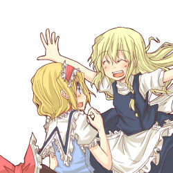 Rule 34 | 3girls, :d, ^ ^, alice margatroid, blonde hair, blue eyes, blush, bow, braid, closed eyes, closed eyes, female focus, hair bow, hairband, hakurei reimu, happy, imminent hug, kirisame marisa, multiple girls, natsuk, no headwear, no headwear, open mouth, outstretched arms, sideways mouth, smile, spread arms, touhou