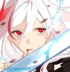 Rule 34 | 1girl, bare shoulders, black gloves, blood, blood from mouth, china dress, chinese clothes, dress, fu hua, fu hua (phoenix), gloves, gradient hair, hair between eyes, hair ornament, highres, honkai (series), honkai impact 3rd, long hair, looking at viewer, low-tied long hair, low ponytail, multicolored hair, ponytail, red eyes, red hair, sho 2nini, simple background, sleeveless, sleeveless dress, solo, streaked hair, water drop, white background, white hair