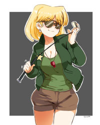 Rule 34 | 1girl, artist name, blonde hair, breasts, cleavage, earrings, glasses, golf club, highres, jacket, jcm2, jewelry, large breasts, lori loud, short shorts, shorts, signature, smile, solo, sunglasses, the loud house, track jacket, whistle