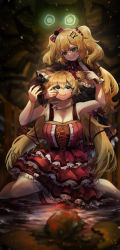 Rule 34 | 2girls, absurdres, akai haato, akai haato (gothic lolita), aqua eyes, blonde hair, blood, blush, bow, bowtie, breasts, cleavage, commentary, dress, dual persona, eye contact, frilled dress, frills, glowing, glowing eyes, gothic lolita, hair ornament, hair ribbon, hairclip, hand on another&#039;s arm, hand on another&#039;s face, hands on another&#039;s neck, heart, heart hair ornament, highres, holding, holding knife, hololive, knife, lolita fashion, long hair, looking at another, mexican standoff, multiple girls, pale skin, red dress, ribbon, smile, virtual youtuber, vyragami
