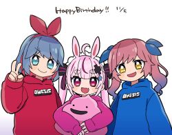 Rule 34 | 3girls, alternate costume, animal ears, blue eyes, blue hair, blue hoodie, blue ribbon, blush, closed mouth, colored inner hair, dated, fang, frilled hairband, frills, gradient hair, hair ornament, hair ribbon, hairband, happy birthday, highres, hikimayu, holding, holding stuffed toy, hood, hood down, hoodie, indie virtual youtuber, long hair, long sleeves, looking at viewer, multicolored hair, multiple girls, omega ray, omega rio, omega sisters, open mouth, pink eyes, pink hair, pink hoodie, rabbit ears, rabbit girl, red hair, red hairband, red hoodie, ribbon, short hair, side-by-side, simple background, skin fang, smile, stuffed toy, sumikawa (sumikawa8v), tomari mari, twintails, upper body, v, v-shaped eyebrows, virtual youtuber, white background, x hair ornament, yellow eyes