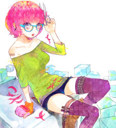 Rule 34 | 1girl, :o, arm support, barcode, barcode tattoo, bare shoulders, boots, cube, cutting hair, ear piercing, glasses, gloves, green shirt, highres, original, piercing, pink hair, purple eyes, purple thighhighs, scissors, screwdriver, shirt, short hair, short shorts, shorts, single glove, sitting, solo, soono (rlagpfl), star (symbol), sweater, tattoo, thighhighs