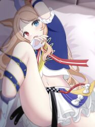 Rule 34 | 1girl, animal ears, archetto (arknights), archetto (publicity strategy) (arknights), arknights, arm up, blue eyes, blue shirt, blush, breasts, fang, fingerless gloves, gloves, heterochromia, highres, light brown hair, long hair, looking at viewer, lying, midriff, navel, official alternate costume, on back, on bed, open mouth, red eyes, redeye tmirm, shirt, skin fang, skirt, small breasts, solo, spread legs, sweatdrop, white footwear, white gloves, white skirt