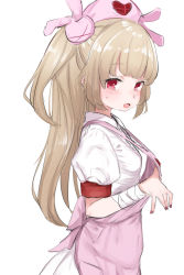 Rule 34 | 1girl, absurdres, apron, blonde hair, blush, dress, fingernails, from side, hat, highres, long hair, looking at viewer, looking to the side, nail polish, natori sana, nurse cap, open mouth, pink apron, pink nails, puffy short sleeves, puffy sleeves, red eyes, sana channel, short sleeves, simple background, solo, two side up, utsusumi kio, virtual youtuber, white background, white dress