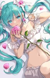 Rule 34 | 1girl, ahoge, akamoku, aqua eyes, aqua hair, arm up, bare shoulders, choker, collarbone, crop top, earrings, eyes visible through hair, flower, frilled shirt, frills, groin, hatsune miku, highres, holding, holding flower, jewelry, long hair, lying, midriff, navel, off-shoulder shirt, off shoulder, on back, open mouth, petals, pink flower, pink rose, rose, shirt, simple background, solo, twintails, very long hair, vocaloid, white background, wrist cuffs