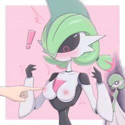 Rule 34 | !, 2girls, arm at side, aura, black sclera, black skin, blue hair, blush, bob cut, border, breasts, collarbone, colored sclera, colored skin, creatures (company), dark aura, disembodied hand, embarrassed, female focus, game freak, gardevoir, gen 3 pokemon, green hair, green skin, hair over one eye, highres, humanoid robot, iron valiant, looking at another, medium breasts, mohawk, multicolored hair, multicolored skin, multiple girls, nintendo, nipples, no mouth, nose blush, o o, one eye covered, open mouth, outside border, pink background, pixel eyes, pokemon, pokemon (creature), poking, red eyes, red hair, robot, short hair, simple background, solo focus, standing, surprised, trembling, twintails, two-tone skin, upper body, white border, white eyes, white skin, x (zvkm7328), yandere