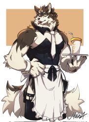 Rule 34 | 1boy, animal ears, animal hands, apron, artist name, bara, black leotard, black ribbon, black thighhighs, body fur, brown background, brown fur, claws, commentary, cropped legs, crossdressing, cup, detached collar, dog boy, dog ears, dog tail, drinking straw, fangs, frilled apron, frills, furry, furry male, hand on own hip, hands up, highres, holding, holding tray, large hands, leotard, looking to the side, male focus, mudosa, necktie, open mouth, original, ribbon, short eyebrows, simple background, slit pupils, solo, symbol-only commentary, tail, thighhighs, tongue, tongue out, tray, waist apron, white apron, white background, white necktie, wrist cuffs, yellow eyes