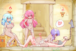 Rule 34 | 1boy, 3girls, aoihitsuji, barefoot, bdsm, blue hair, blush, bottomless, bound, bound wrists, breast press, breasts, chain, cleavage, cowgirl position, drink, drinking, femdom, girl on top, grey hair, hand on own hip, heart, large breasts, multiple girls, mummy, pectorals, pink hair, purple hair, rape, red eyes, sex, sitting, spoken heart, stairs, standing, straddling, text focus, vaginal