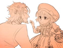 Rule 34 | 10s, 1boy, 1girl, braid, bread, coat, dress, closed eyes, fate/apocrypha, fate/extra, fate (series), flower, frills, hat, long hair, monochrome, nursery rhyme (fate), ribbon, short hair, smile, william shakespeare (fate)