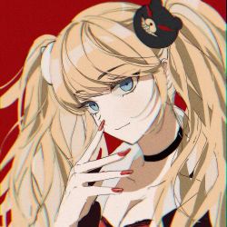 Rule 34 | 1girl, bad id, bad twitter id, bear hair ornament, black choker, blonde hair, blue eyes, breasts, choker, cleavage, closed mouth, collarbone, commentary request, danganronpa: trigger happy havoc, danganronpa (series), enoshima junko, face, fingernails, gatobau, hair ornament, highres, long hair, looking at viewer, medium breasts, nail polish, red background, red nails, smile, solo, twintails