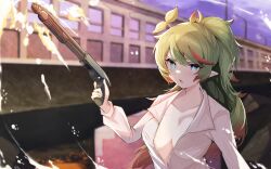 Rule 34 | 1girl, :o, ahoge, blue sky, breasts, cleavage, collarbone, collared shirt, commission, eat some cookie, elf, firing, green hair, gun, highres, holding, holding gun, holding weapon, ku&#039;ala, long hair, medium breasts, mossberg 590, open mouth, original, outdoors, pointy ears, ponytail, shirt, sky, solo, upper body, v-shaped eyebrows, wavy hair, weapon, white shirt