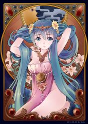 Rule 34 | 10s, 1girl, 2016, adjusting hair, art nouveau, blue eyes, blue hair, circlet, crescent moon, dated, flower, hair flower, hair ornament, hatsune miku, highres, izumishibo, lily (flower), long hair, looking at viewer, matching hair/eyes, medallion, moon, solo, twintails, vocaloid