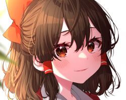 Rule 34 | 1girl, blurry, blurry background, blush, bow, brown eyes, brown hair, close-up, commentary request, eyes visible through hair, hair between eyes, hair bow, hair tubes, hakurei reimu, happy, highres, light smile, long hair, looking at viewer, parted lips, portrait, red bow, solo, touhou, yamada sakura