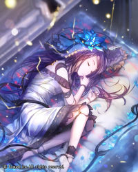 Rule 34 | 1girl, android, brown hair, cable, dragon&#039;s shadow, dress, electricity, fetal position, flower, from above, hair flower, hair ornament, highres, long hair, official art, plantar flexion, sleeping, solo, sparks, strapless, strapless dress, virus (obsession), watermark, white dress
