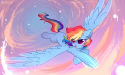 Rule 34 | 1girl, artist name, blue fur, blue wings, feathered wings, flying, highres, mirta sfw, multicolored hair, my little pony, my little pony: friendship is magic, no humans, open mouth, outdoors, pegasus, pink eyes, rainbow dash, rainbow hair, solo, wings