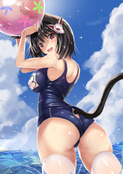 Rule 34 | 1girl, animal ears, ass, azur lane, ball, beachball, bell, black hair, blue sky, blunt bangs, breasts, cat ears, cat girl, cat mask, cat tail, clothing cutout, cloud, cloudy sky, commentary request, day, fox mask, from behind, highres, jingle bell, large breasts, looking at viewer, mask, mask on head, name tag, ocean, one-piece swimsuit, outdoors, school swimsuit, skindentation, sky, solo, sumisuzu, sunlight, swimsuit, tail, tail bell, tail ornament, tail through clothes, thighhighs, water, white thighhighs, yamashiro (azur lane), yamashiro (summer offensive?) (azur lane)
