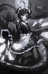 Rule 34 | 1girl, absurdres, antennae, apron, arthropod girl, bug, centipede, closed mouth, commentary, double bun, english commentary, entoma vasilissa zeta, extra pupils, fangs, full moon, glowing, greyscale, hair bun, highres, japanese clothes, kimono, light smile, maid, maid headdress, mary janes, monochrome, monster girl, moon, ofuda, overlord (maruyama), oversized insect, pantyhose, rivesoulis, shoes, short hair, skin fangs, sky, sleeves past wrists, solo, star (sky), starry sky, unfinished