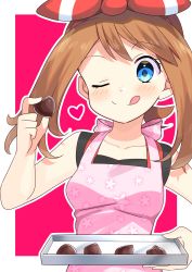 Rule 34 | 1girl, ;), absurdres, apron, bad id, bad twitter id, blue eyes, blush, brown hair, candy, chocolate, chocolate heart, collarbone, creatures (company), floral print, food, game freak, heart, heart-shaped food, highres, holding, holding food, long hair, looking at viewer, may (pokemon), nintendo, one eye closed, pink apron, pokemon, pokemon oras, print apron, sleeveless, smile, solo, upper body, yuihico