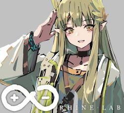 Rule 34 | 1girl, arknights, arm at side, black choker, blunt bangs, bracelet, chikoku no oni, choker, coat, collarbone, commentary, dress, english text, green coat, green dress, green eyes, green hair, grey background, hand up, highres, infection monitor (arknights), jewelry, laurels, light blush, long hair, long sleeves, looking at viewer, mole, mole under eye, muelsyse (arknights), multicolored coat, multicolored eyes, open clothes, open coat, open mouth, pointy ears, rhine lab logo, salute, shoulder strap, smile, solo, upper body, white coat, yellow eyes