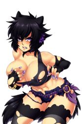 Rule 34 | 1girl, abs, angry, animal ears, belt, black hair, breasts, covering privates, covering breasts, crescentia fortuna, deathblight, deathblight rpg, fingerless gloves, fingernails, game cg, gloves, hair ornament, large breasts, lips, lipstick, long fingernails, looking at viewer, lowres, makeup, midriff, minori (deathblight), nail polish, navel, purple eyes, ribbon, short hair, short shorts, shorts, solo, standing, tail, tank top, thighhighs, torn clothes, wolf girl