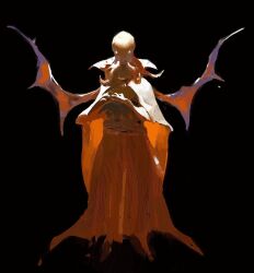 Rule 34 | ambiguous gender, art study, bat wings, black background, cape, colored skin, commentary, demon wings, english commentary, facing away, faux traditional media, from behind, full body, glowing, glowing eyes, high collar, highres, long hair, long sleeves, octopus, orange cape, orange skin, orange skirt, original, own hands together, robe, simple background, skirt, solo, standing, tentacles, wings, yuming li