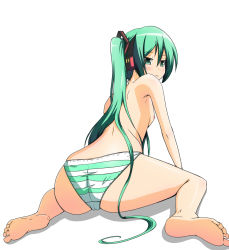 Rule 34 | 1girl, ass, bad id, bad pixiv id, barefoot, blush, feet, flat chest, green eyes, green hair, hatsune miku, long hair, looking back, nipples, panties, panties only, soles, solo, striped clothes, striped panties, topless, tsuntarou, twintails, underwear, underwear only, very long hair, vocaloid
