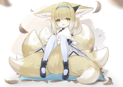Rule 34 | 1girl, absurdres, animal ears, arknights, bare shoulders, between legs, black collar, black footwear, black gloves, blonde hair, blue hairband, blush, boots, braid, braided hair rings, collar, colored tips, commentary request, dress, earpiece, fox ears, fox girl, fox tail, frilled dress, frilled sleeves, frills, full body, gloves, green eyes, hair rings, hairband, highres, hugging own tail, hugging tail, infection monitor (arknights), knees up, kuwaiko, looking at viewer, material growth, multicolored hair, open mouth, oripathy lesion (arknights), pantyhose, purple dress, short sleeves, single glove, solo, suzuran (arknights), tail, tail between legs, twin braids, two-tone hair, white hair, white pantyhose, wrist cuffs