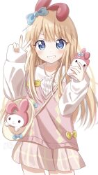 Rule 34 | 1girl, animal ears, bag, blonde hair, blue bow, blue eyes, blush, bow, cellphone, collared shirt, commentary request, cowboy shot, fake animal ears, grin, hair bow, hands up, highres, holding, holding phone, long hair, long sleeves, looking at viewer, my melody, official alternate costume, onegai my melody, open mouth, phone, pink skirt, pink vest, pleated skirt, rabbit ears, sanrio, shirt, shoulder bag, skirt, sleeves past wrists, smartphone, smile, solo, stuffed animal, stuffed toy, toshinou kyouko, v, v-shaped eyebrows, vest, white background, white shirt, yellow bow, yunagi (yng hoti), yuru yuri