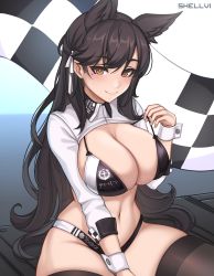 Rule 34 | 1girl, absurdres, animal ears, artist name, atago (azur lane), atago (stunning speedster) (azur lane), azur lane, between legs, bikini, black bikini, black hair, black thighhighs, blonde hair, blush, breasts, brown eyes, checkered flag, cleavage, commentary, cowboy shot, extra ears, flag, gloves, grey background, groin, hair ribbon, hand between legs, hand up, hat, highleg, highleg bikini, highres, huge filesize, large breasts, long hair, looking at viewer, mole, mole under eye, navel, race queen, ribbon, shellvi, shrug (clothing), sitting, skindentation, smile, solo, stomach, swept bangs, swimsuit, thighhighs, thighs, white background, white ribbon, wrist cuffs