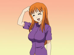 Rule 34 | 00s, 1girl, :d, ^ ^, bleach, breasts, closed eyes, female focus, gradient background, hair ornament, hairclip, inoue orihime, large breasts, long hair, open mouth, orange background, orange hair, purple shirt, scratching head, shirt, short sleeves, simple background, smile, solo, upper body, wallpaper