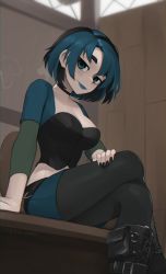 Rule 34 | 1girl, black choker, black footwear, black hair, black nails, black pantyhose, blue eyes, blue hair, blue lips, boots, breasts, choker, cleavage, commentary, crossed legs, from below, goth fashion, gwen (total drama), head tilt, highres, knee boots, legs, lipstick, long sleeves, looking at viewer, makeup, medium breasts, multicolored hair, nail, nail polish, pantyhose, short hair, sitting, smile, solo, thick eyebrows, total drama, two-tone hair, yoako