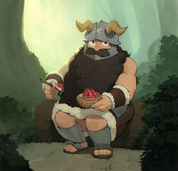 Rule 34 | 1boy, absurdres, bare shoulders, beard, brown hair, bush, dungeon meshi, dwarf, eating, expressionless, facial hair, fake horns, food, food on face, full body, helmet, highres, holding, holding food, holding spoon, horned helmet, horns, log, long beard, looking at viewer, male focus, nature, romana, senshi (dungeon meshi), sitting, solo, spoon, thick mustache, toned, toned male, tree, very long beard