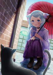 Rule 34 | 1girl, :d, absurdres, animal, animal ear fluff, animal ears, ankle boots, black cat, black choker, black footwear, blue eyes, blue hair, blush, boots, brick wall, cat, cherry blossom print, choker, commentary request, cross-laced footwear, day, floral print, hair ornament, hairclip, hakama, hakama skirt, high heel boots, high heels, highres, holding, holding umbrella, japanese clothes, kimono, lace-up boots, long hair, long sleeves, oil-paper umbrella, open mouth, original, outdoors, print hakama, purple hakama, purple kimono, red umbrella, segawa luna, signature, skirt, smile, solo, squatting, two-handed, umbrella, very long hair, wide sleeves