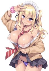 Rule 34 | &gt;:), 1girl, akizora momiji, animal print, arm up, armpits, bare shoulders, between breasts, black skirt, blonde hair, blush, breasts, brown cardigan, cameltoe, cardigan, cleavage, closed mouth, clothes lift, collarbone, commentary request, cowboy shot, dark-skinned female, dark skin, frills, gyaru, highres, kogal, large breasts, leopard print, lifted by self, long sleeves, maid headdress, miniskirt, nail polish, necktie, necktie between breasts, nipples, no bra, off shoulder, open cardigan, open clothes, open shirt, original, panties, pleated skirt, purple eyes, purple panties, red nails, red necktie, scrunchie, see-through, shirt, side-tie panties, simple background, skirt, skirt lift, sleeves past wrists, smile, solo, striped necktie, striped neckwear, sweat, thighs, underwear, upskirt, v, wavy hair, wet, wet clothes, wet shirt, white background, wrist scrunchie