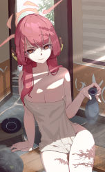 Rule 34 | 1girl, absurdres, arm support, aru (blue archive), blue archive, breasts, closed mouth, collarbone, halo, highres, holding, horns, indoors, large breasts, light rays, long hair, looking at viewer, mole, mole on breast, naked towel, red hair, ryeon (bluetom1), sitting, smile, solo, sunbeam, sunlight, tokkuri, towel, yellow eyes