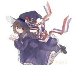 Rule 34 | 1girl, anchor, anchor hat ornament, back bow, black eyes, black footwear, blue dress, blue hat, blue sailor collar, bow, braid, bright pupils, brown hair, dress, frilled dress, frills, funamusea, hair bow, hat, hat bow, hat ornament, holding, holding instrument, instrument, long hair, looking at viewer, mary janes, ocarina, oounabara to wadanohara, roujian, sailor collar, sailor dress, shoes, solo, striped, striped bow, twin braids, wadanohara, white pupils, witch, witch hat