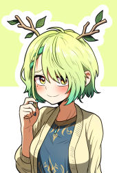 Rule 34 | 1girl, alternate hair length, alternate hairstyle, antlers, blush, braid, braided bangs, branch, ceres fauna, ddolbang, green hair, hair ornament, highres, hololive, hololive english, horns, looking at viewer, mole, multicolored hair, shirt, short hair, smile, solo, sweater, virtual youtuber, yellow eyes
