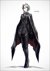 Rule 34 | 1girl, armor, black armor, black cape, black coat, black eyes, black hair, breasts, cape, closed mouth, coat, full body, k-suwabe, looking at viewer, made in abyss, medium breasts, multicolored hair, ozen, pants, short hair, simple background, solo, standing, two-tone hair, white background, white hair
